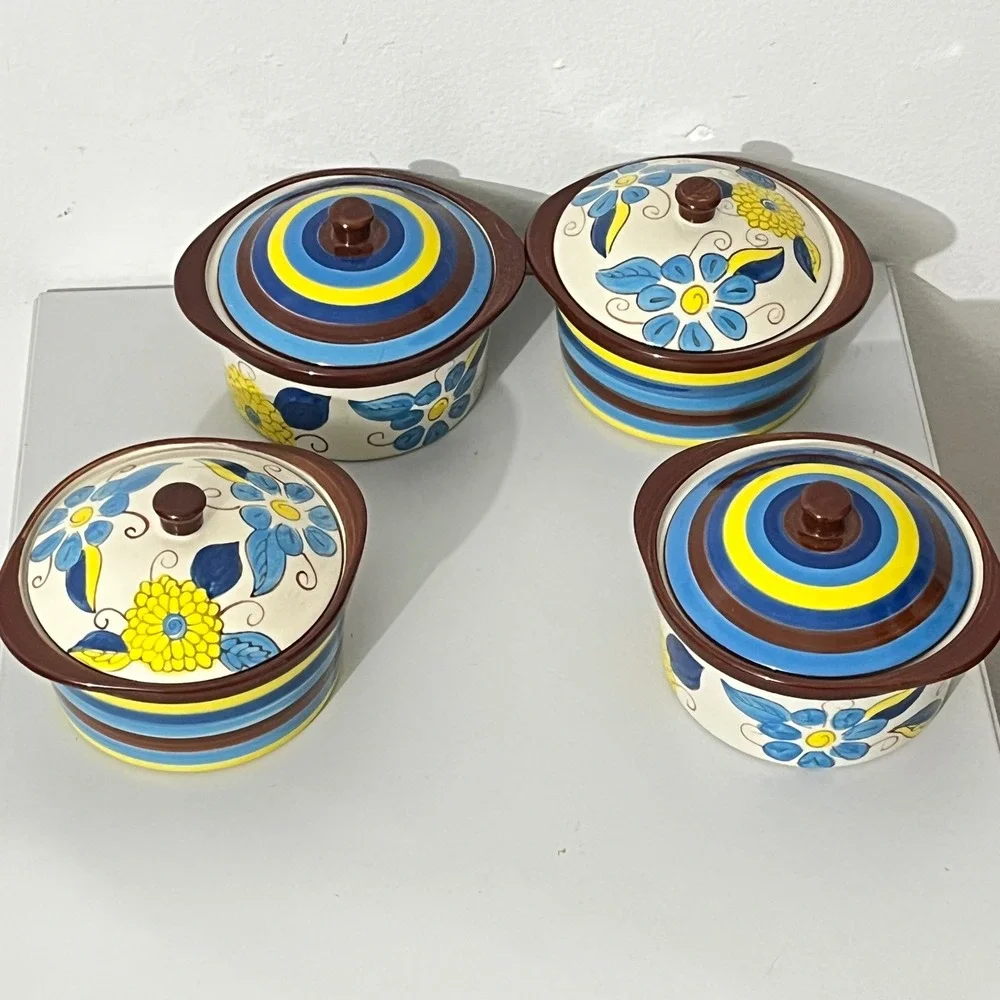Temp-tations Ramekin Set 9 oz Blue Yellow‎ Floral Ceramic Ovenware 4pc